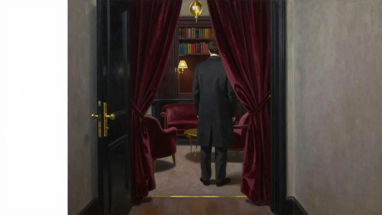 Hidden lounge behind a black door, velvet curtains and dim lighting suggest exclusive, whispered access.