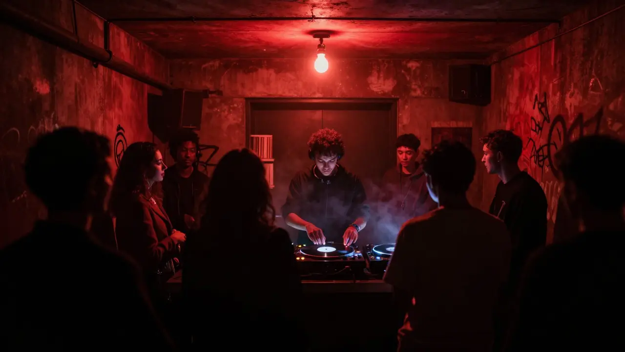 Hidden underground club with red lighting, a DJ spinning vinyl, and a quiet, attentive crowd immersed in music.