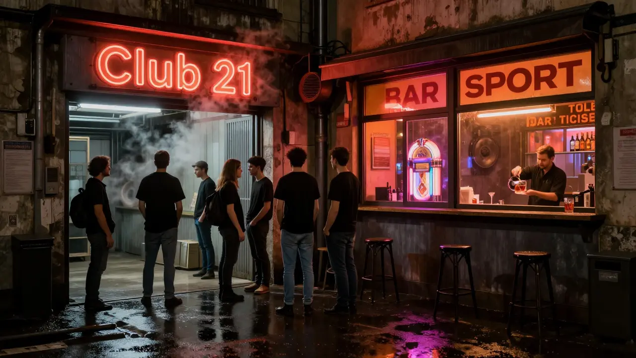 Locals waiting outside an unmarked underground club in Porta Ticinese, neon glow reflecting on wet pavement.