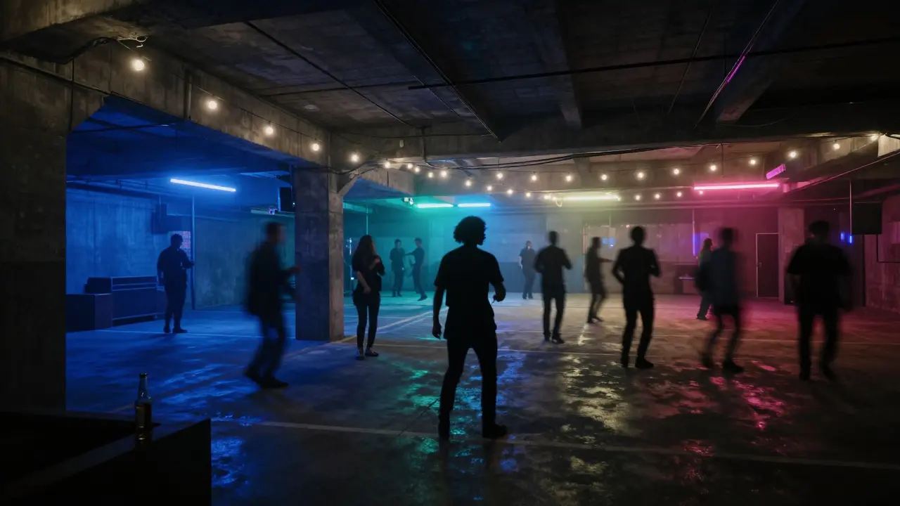 Lone dancer in an industrial nightclub under neon lights and string bulbs.
