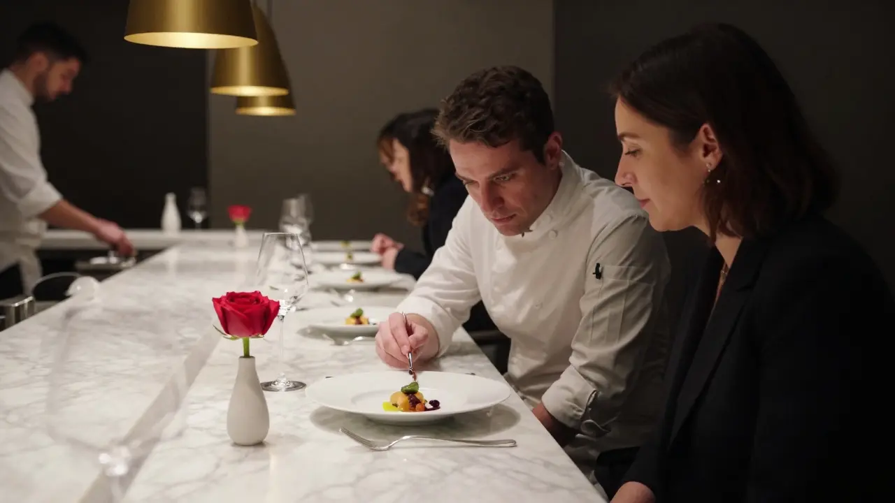 Man and woman sharing a quiet moment at a chef’s counter in a fine dining restaurant.
