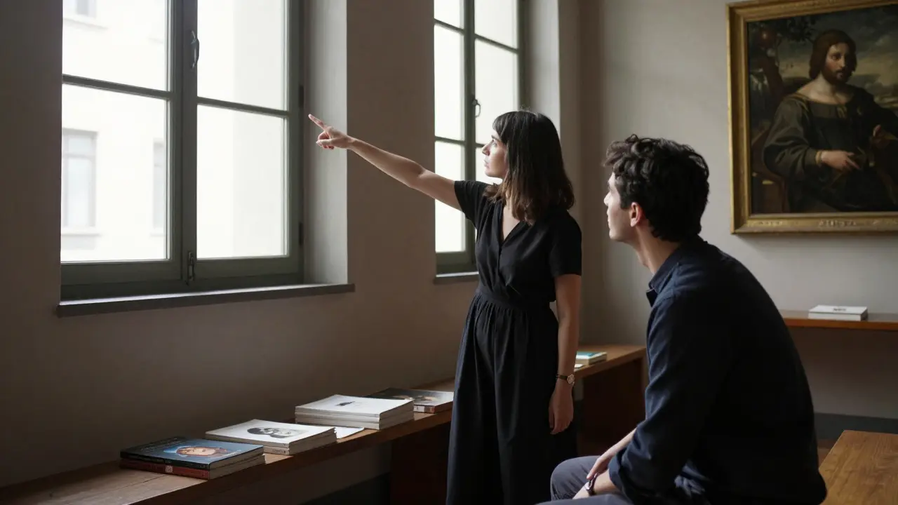 Man and woman viewing Renaissance art in Brera’s Pinacoteca, sharing a moment of cultural connection.