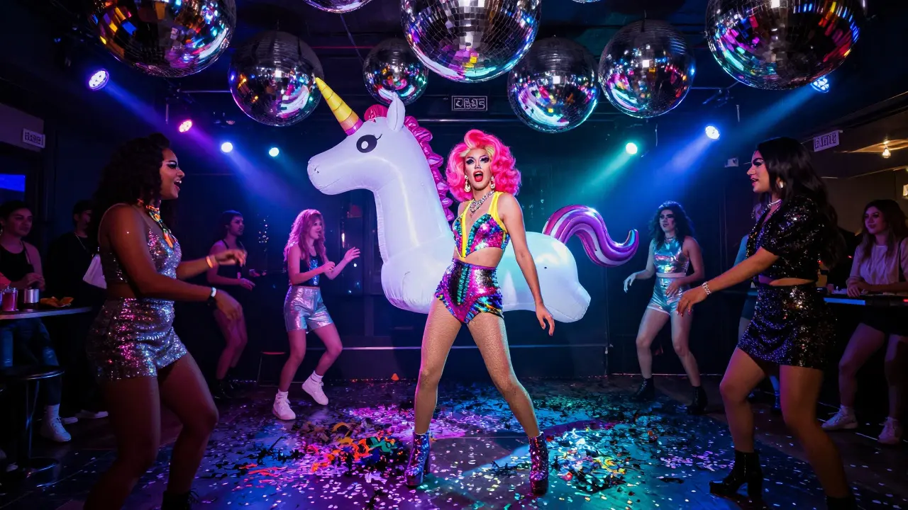 Neon-lit dance floor with drag performer and inflatable unicorn under glittering disco balls.