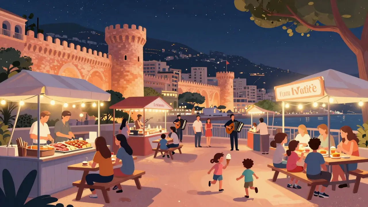 Night festival with food stalls, music, and families enjoying the streets of Monaco-Ville.