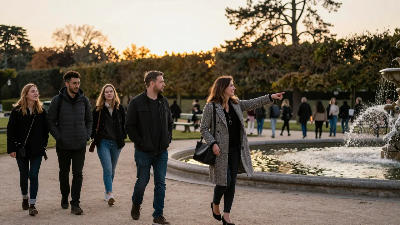 People stroll together through Luxembourg Gardens at sunset, sharing a quiet moment of companionship.