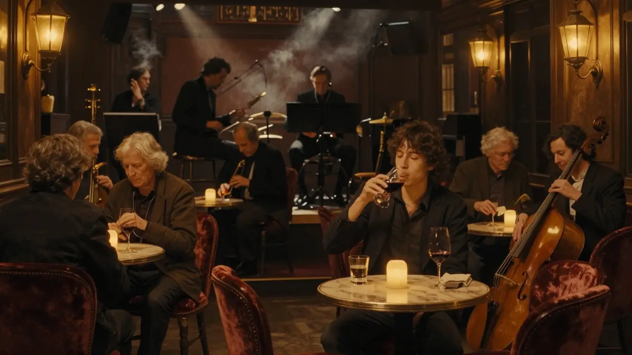 Person enjoying live jazz in a dimly lit Parisian lounge with vintage decor.