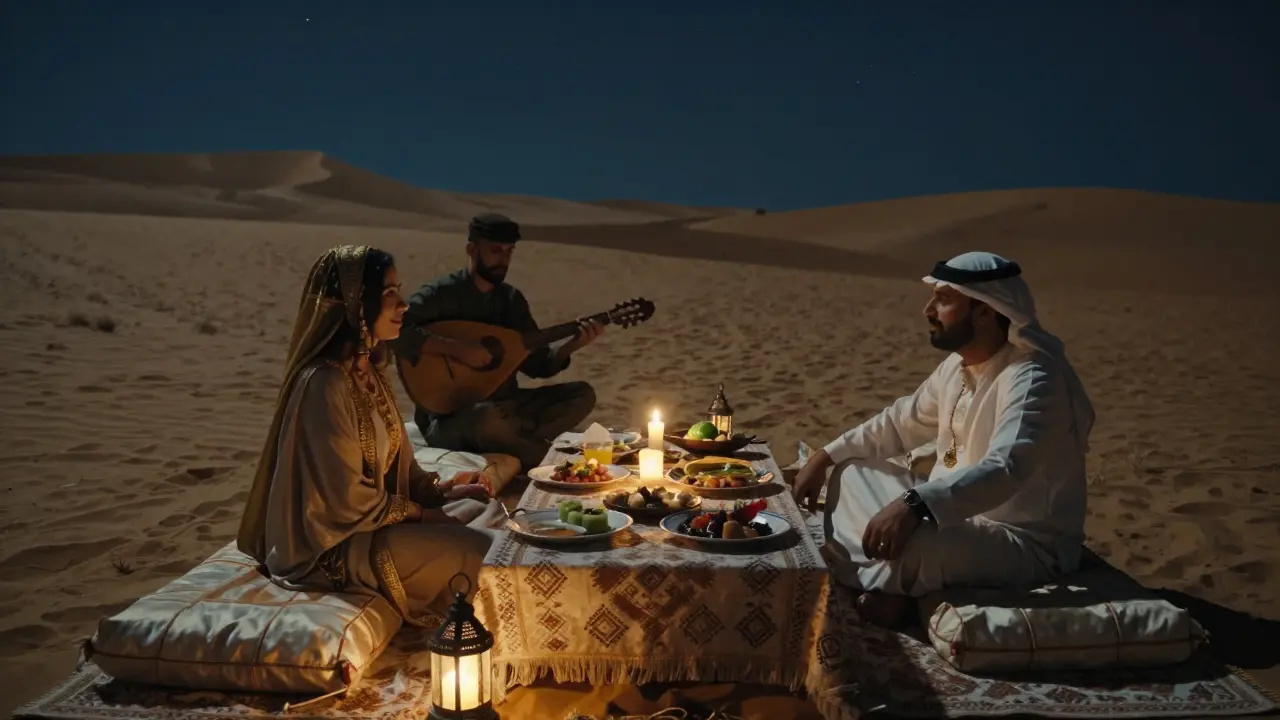 Private desert dinner under stars with candlelit table, oud musician, and dunes stretching into night.