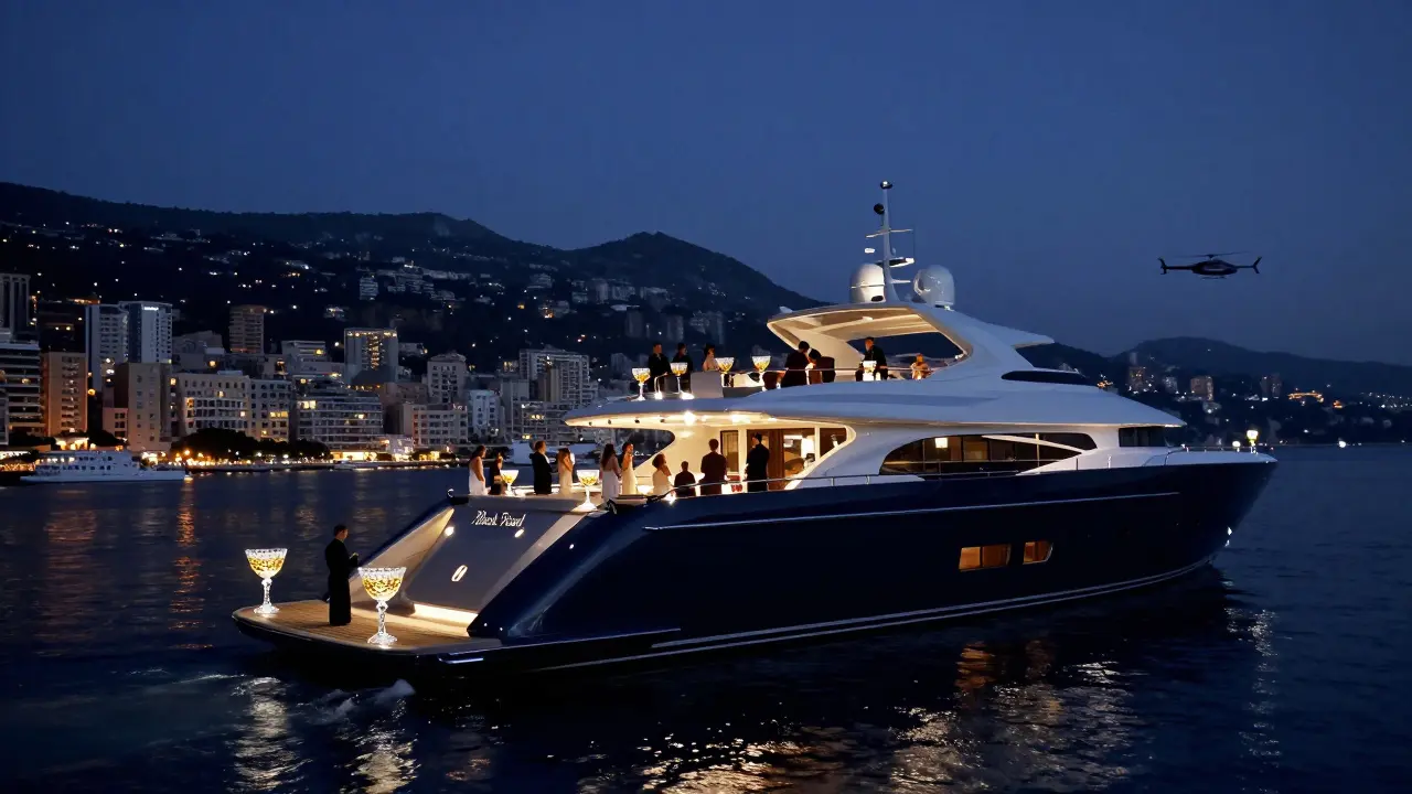 Private superyacht party at night with guests on floating pontoons overlooking Monaco's illuminated harbor.