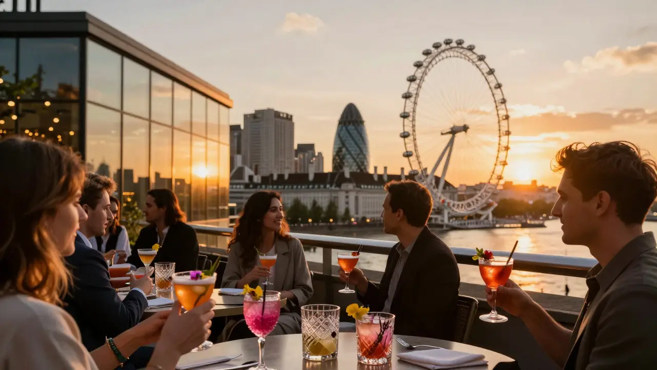 Rooftop bar at sunset with London Eye in background, guests holding colorful cocktails.
