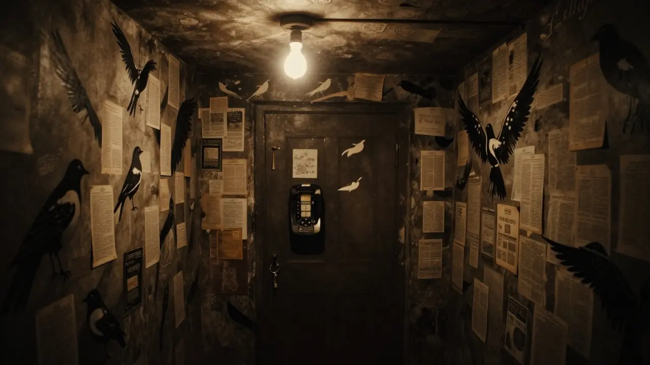Secret basement mural room filled with black-and-white birds and vintage phone books, dim light, no signs, only silence.