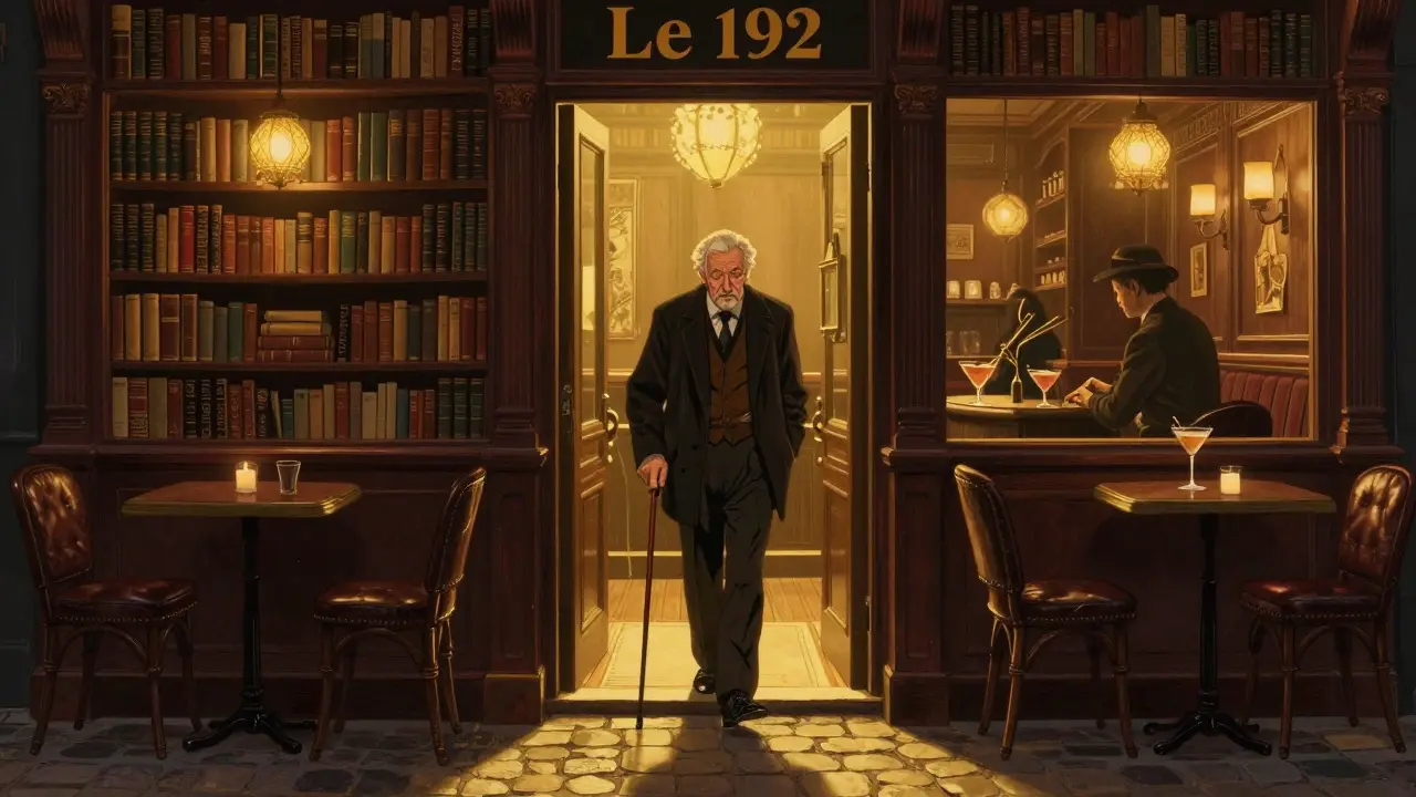 Secret jazz bar behind a bookshelf, warm light spilling onto cobblestones as a patron enters at night.