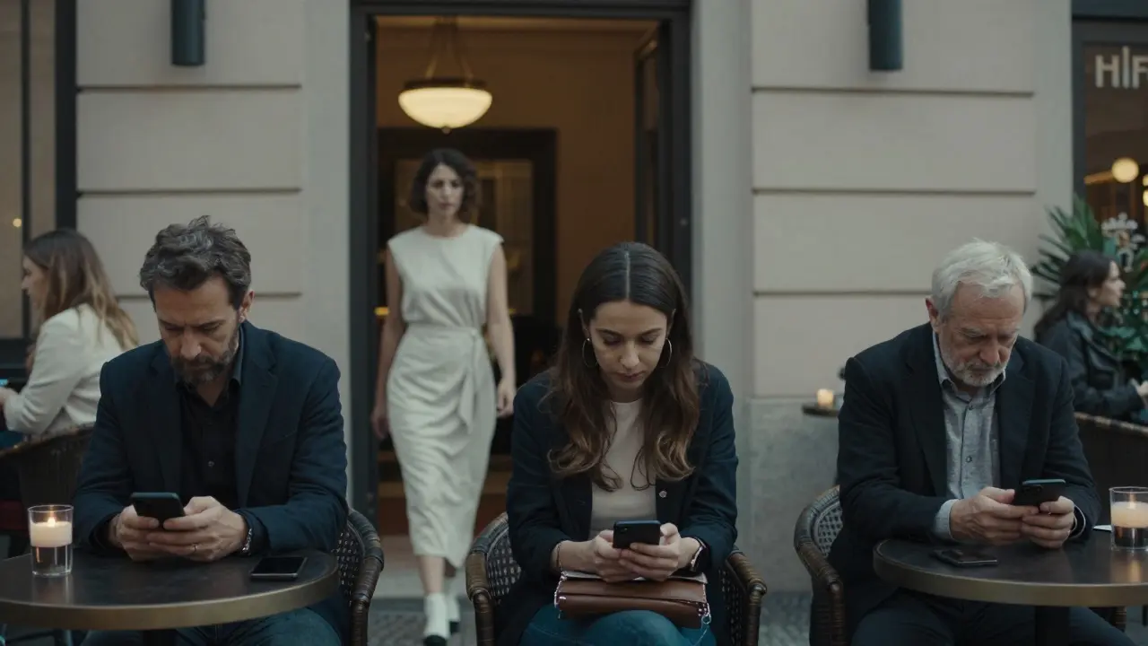 Several individuals in a luxury hotel bar silently check their phones, while a woman exits unnoticed, evoking quiet companionship in modern Milan.