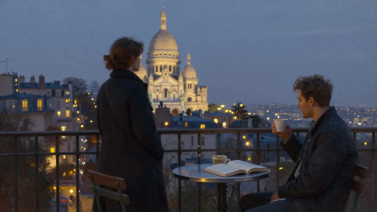 Silhouettes on a Montmartre terrace at twilight, Sacré-Cœur glowing in the distance.