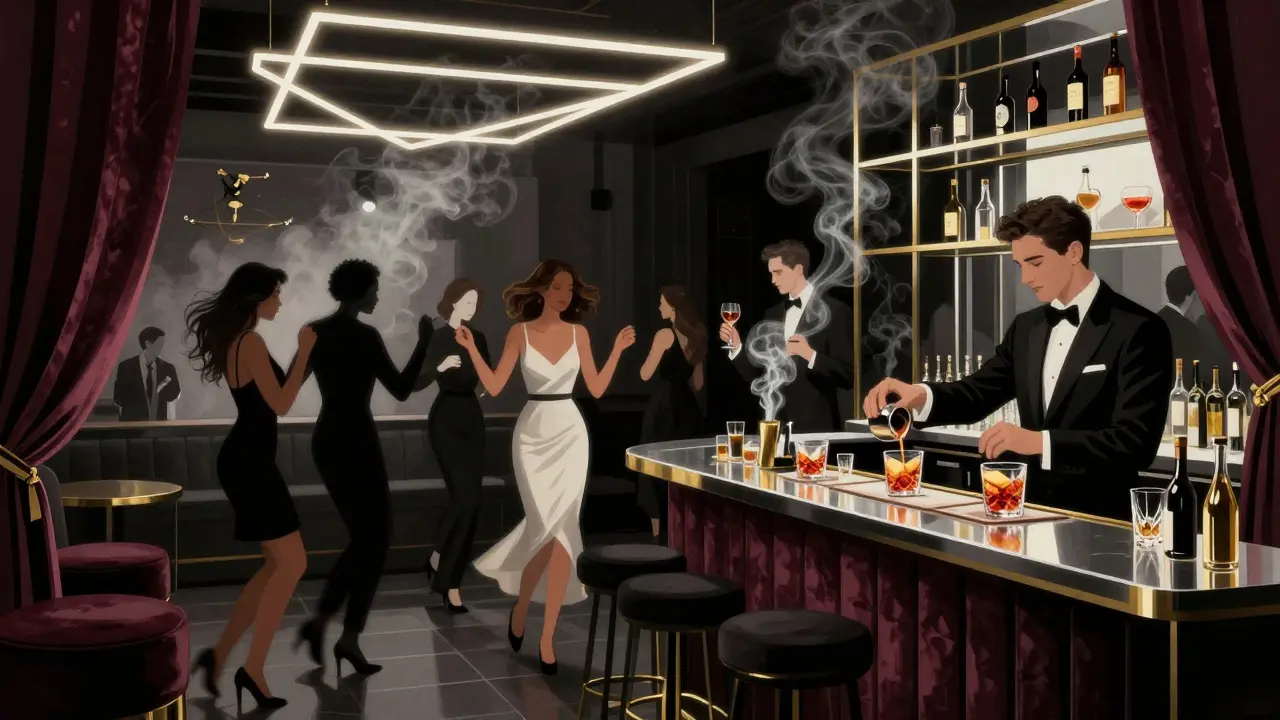 Stylish crowd dancing in Corso Como 10 nightclub under neon lights and mirrored walls.