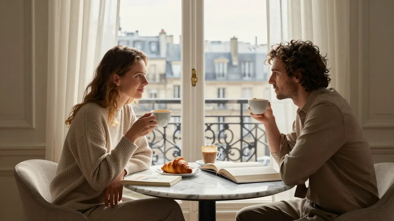 Two people enjoy quiet morning coffee in a Parisian apartment, art books open, city skyline visible through the window.