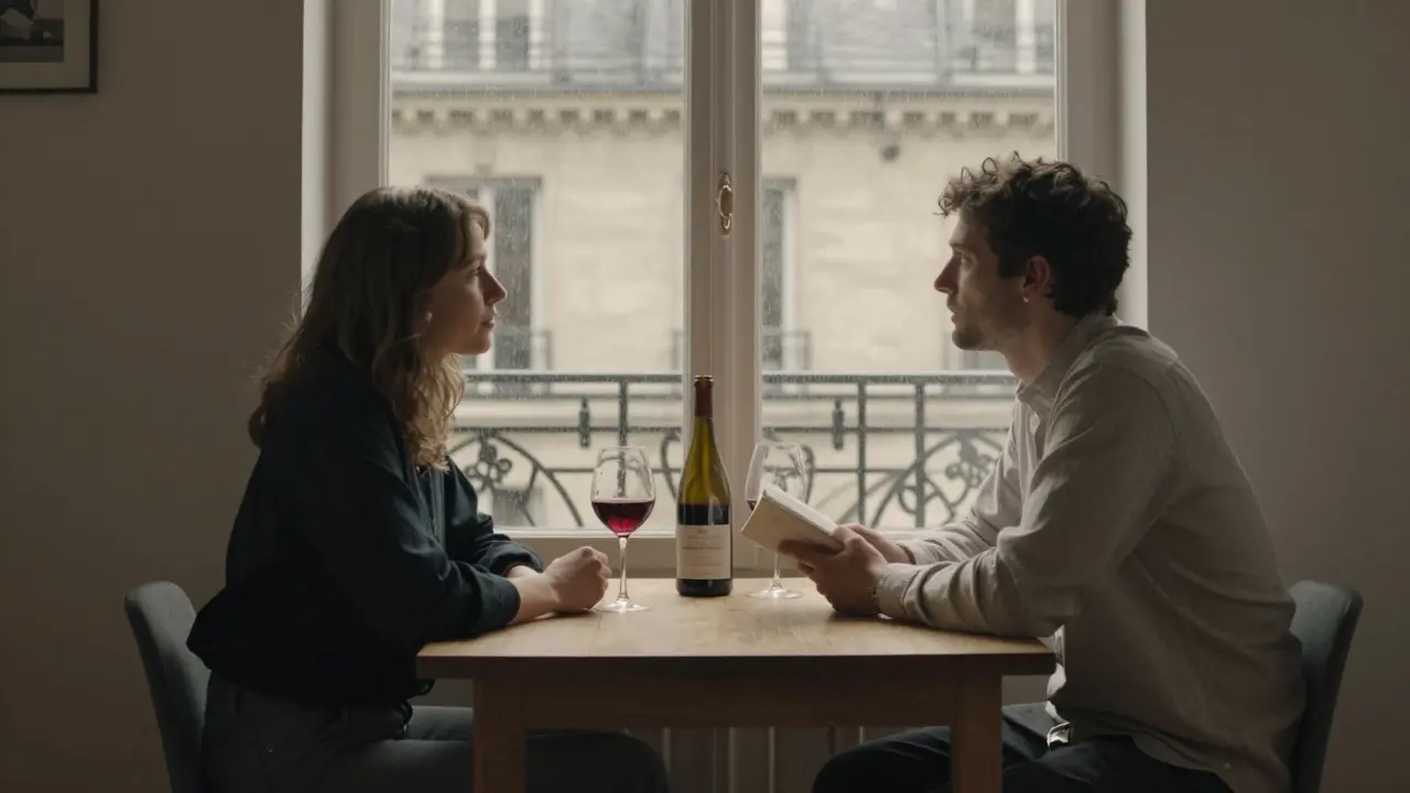 Two people share a quiet moment over wine in a Parisian apartment, rain falling outside the window.