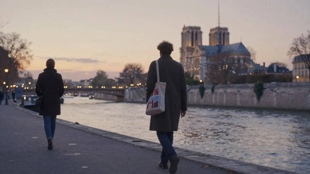 Two people walking along the Seine at sunset, lost in quiet companionship, city lights beginning to glow.