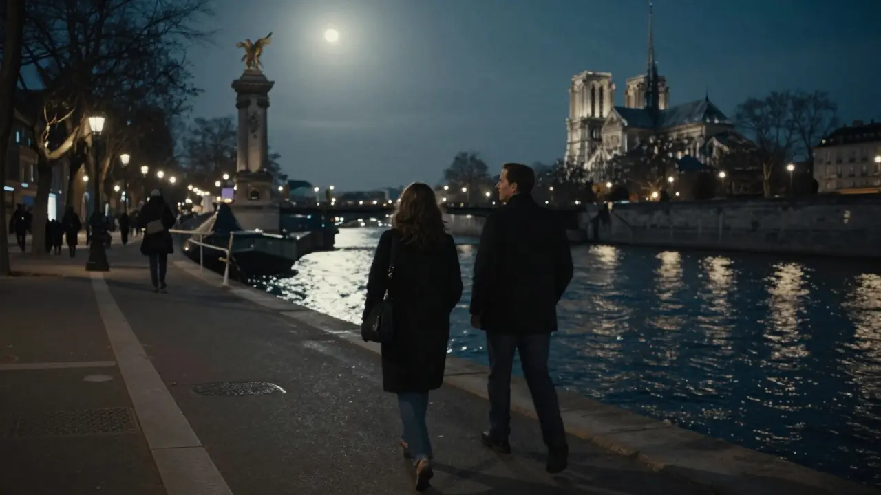 Two people walking peacefully along the Seine at night, lit by city lights and moonlight.