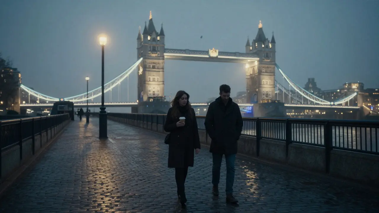 Two people walking side by side along the Thames at midnight under soft streetlights.