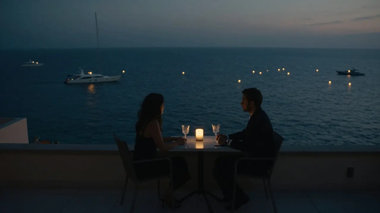 Two silhouettes sit on a quiet rooftop terrace at 3 a.m., gazing at starlit yachts on the Mediterranean with no music or crowds.