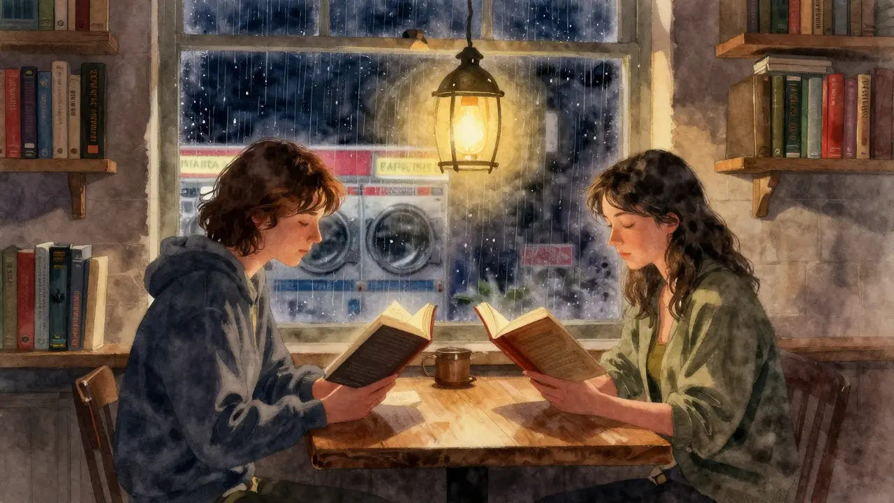 Two strangers reading aloud at a quiet midnight book club under a single lantern in a book-filled room.