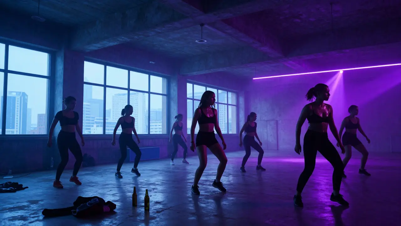Underground warehouse club with dancers under neon lights, raw and energetic atmosphere.