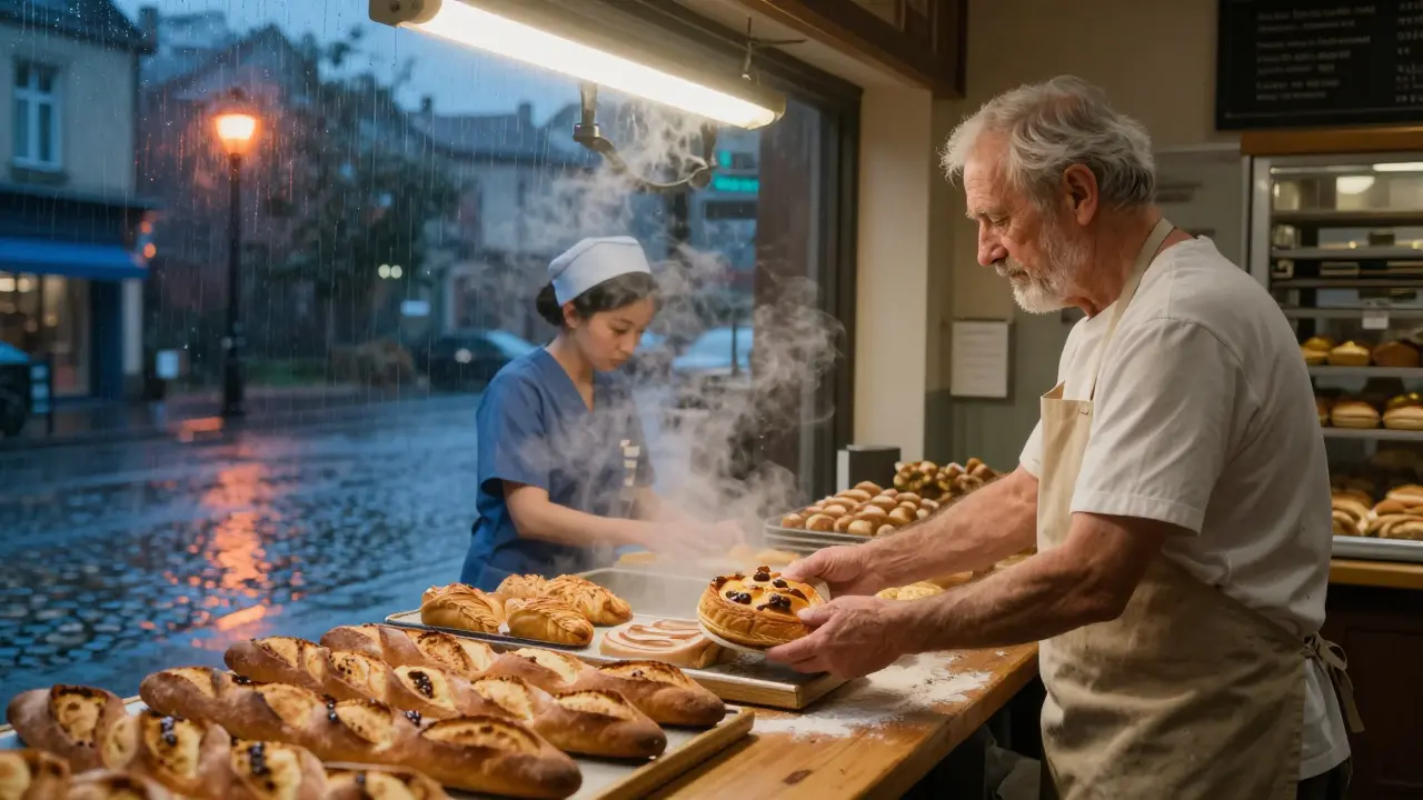 A baker handing a warm pastry to a nurse at a 24-hour boulangerie late at night, steam rising from fresh bread.