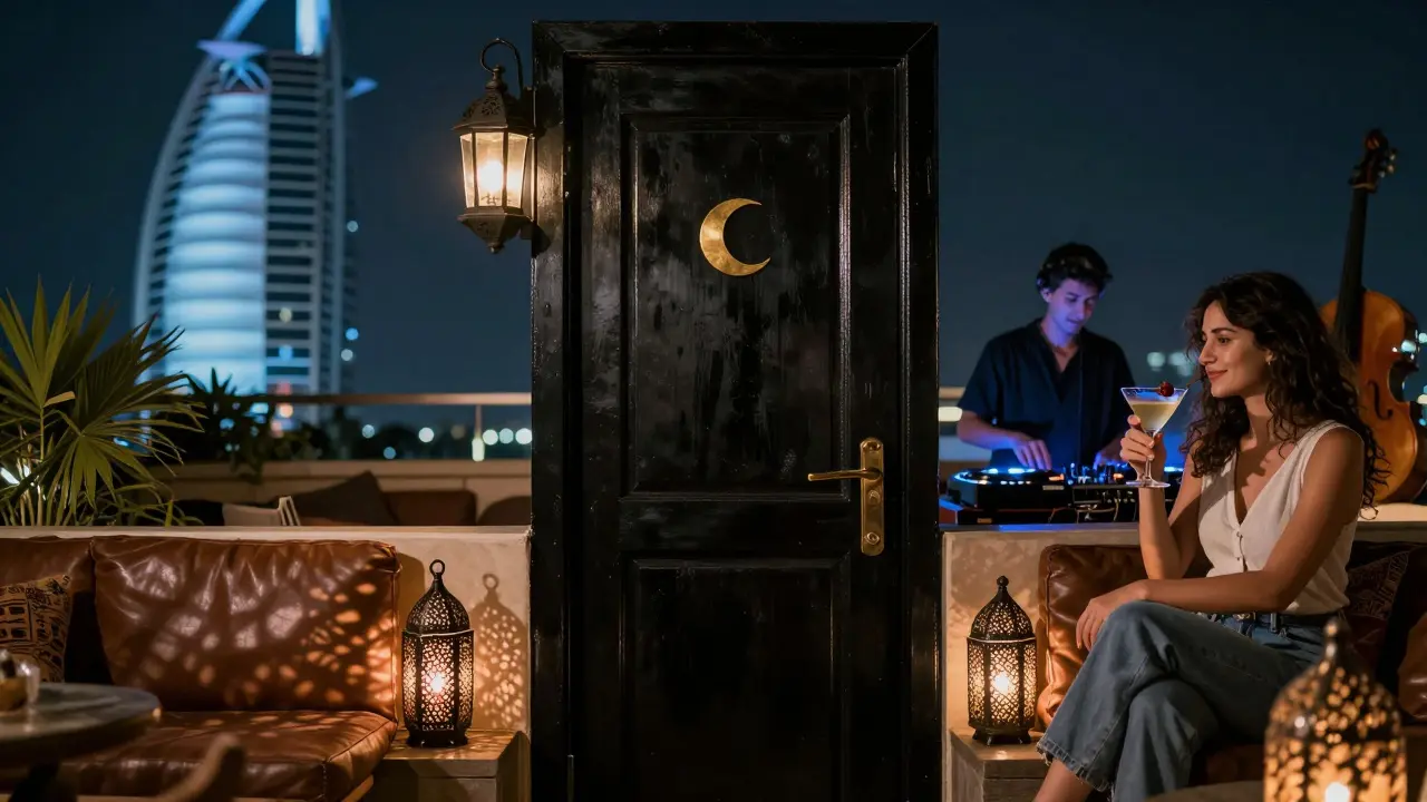 A black door with a brass moon emblem leading to a cozy rooftop lounge with Moroccan lanterns and a vinyl DJ.