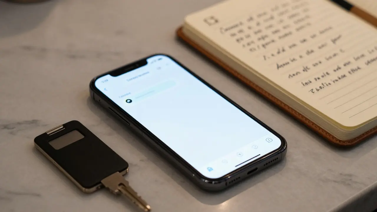 A burner phone on marble with a notebook and keycard, symbolizing privacy and professionalism in Milan's escort industry.
