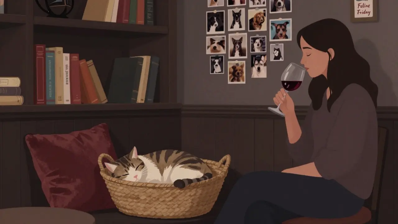 A cat naps in a basket beside a woman drinking wine in a quiet, dimly lit London bar.
