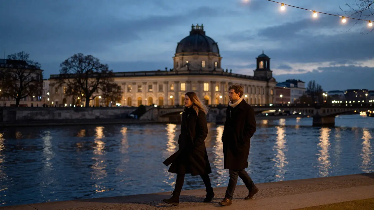 A couple walking along the Spree River at dusk, city lights reflecting on the water.