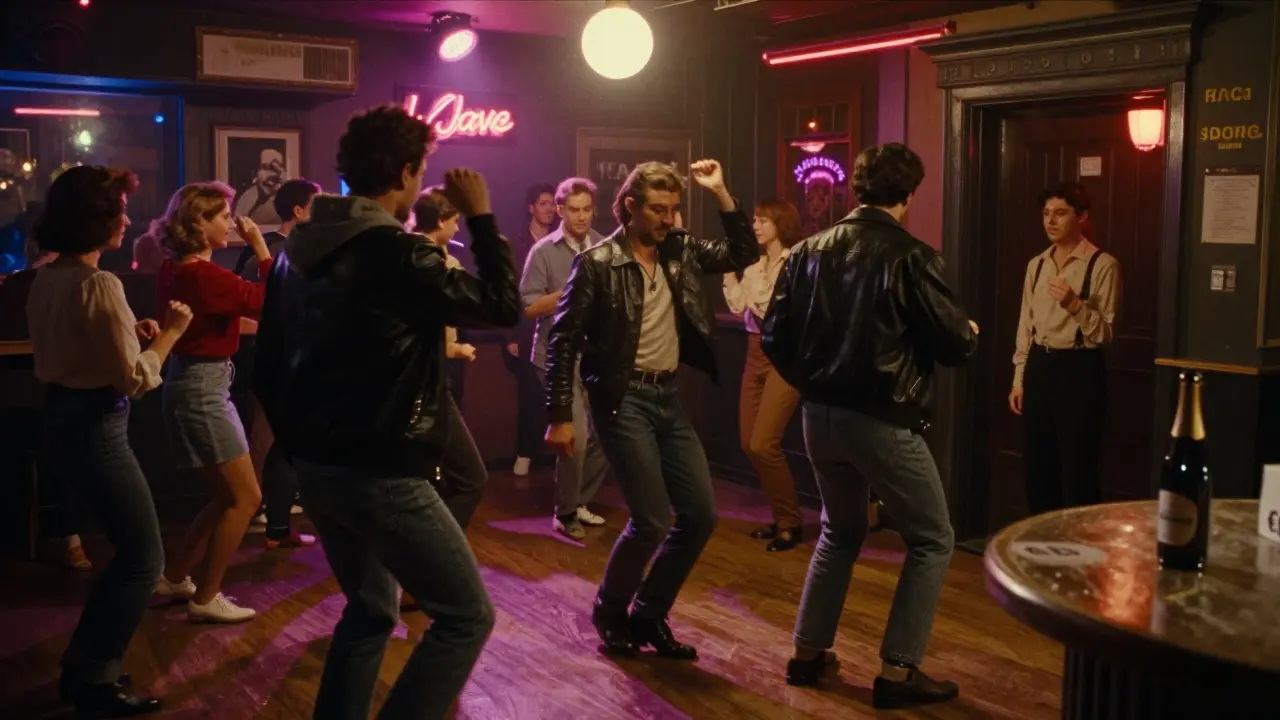 A crowded 1970s-style dance hall with men dancing under neon lights and sticky floors.