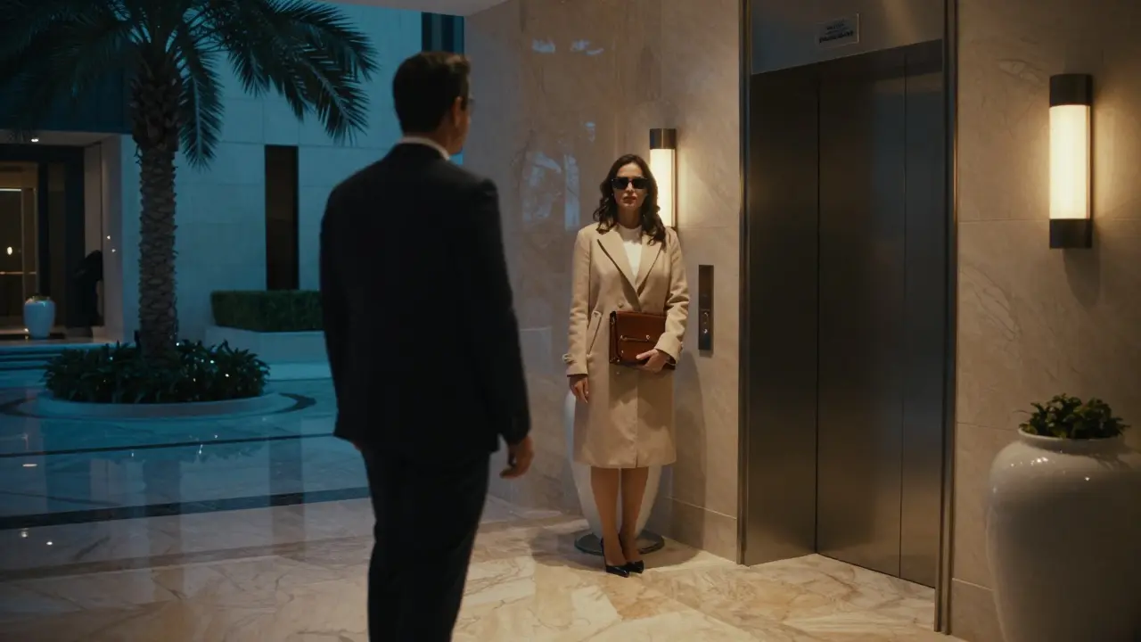 A discreet meeting in a high-end hotel lobby, figures partially obscured, emphasizing privacy and safety.