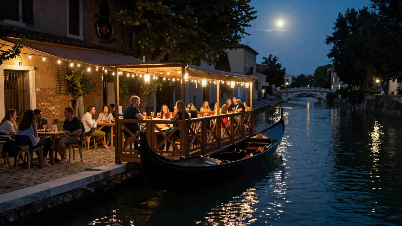 A floating bar on Naviglio Grande canal at dusk, people sipping Spritz as string lights reflect on the water.