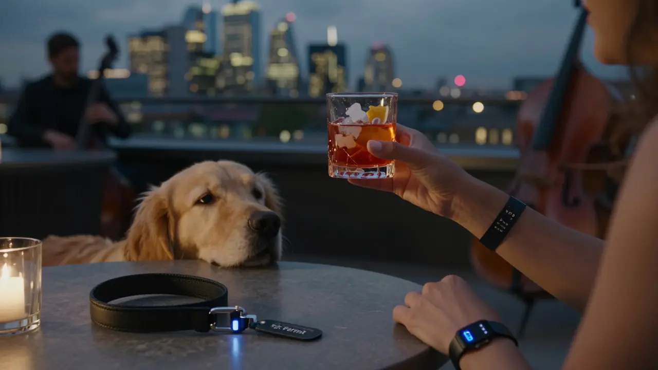 A golden retriever lounges under a table while its owner enjoys a cocktail on a London rooftop at night.