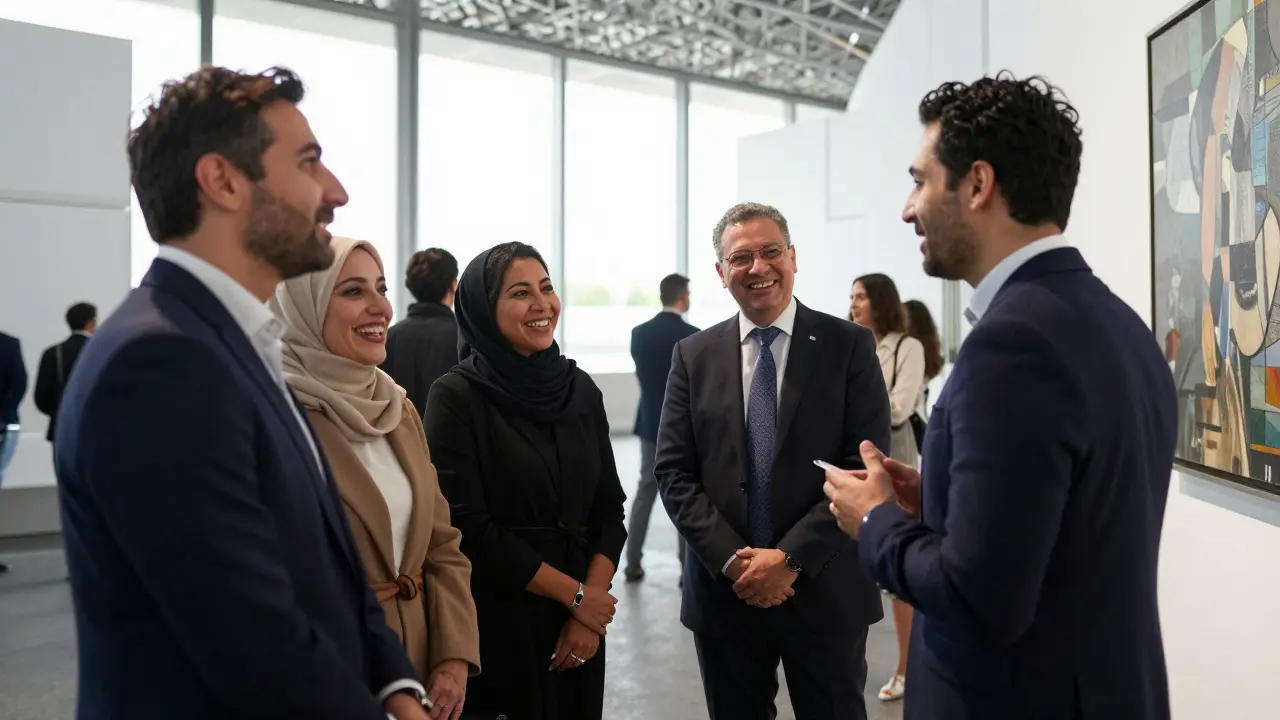A group engaging with art at Louvre Abu Dhabi, sharing thoughtful discussion.