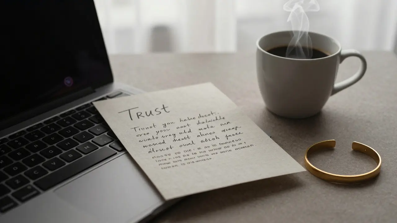 A handwritten note and coffee cup beside a glowing encrypted messaging app, symbolizing trust and boundaries.