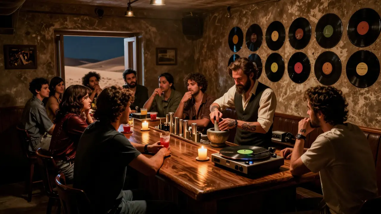 A hidden basement bar with twelve seats, candlelight, and a bartender mixing drinks beside a wall of vinyl records.