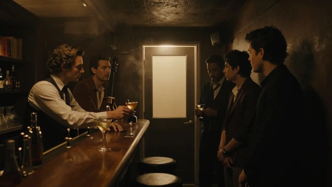 A hidden speakeasy entrance in a dark alley, warm light glowing from inside a mysterious door.