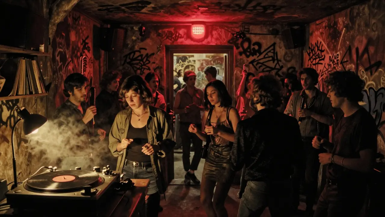 A hidden underground club in Kadikoy with red light, vinyl records, and dancers in dim neon glow.