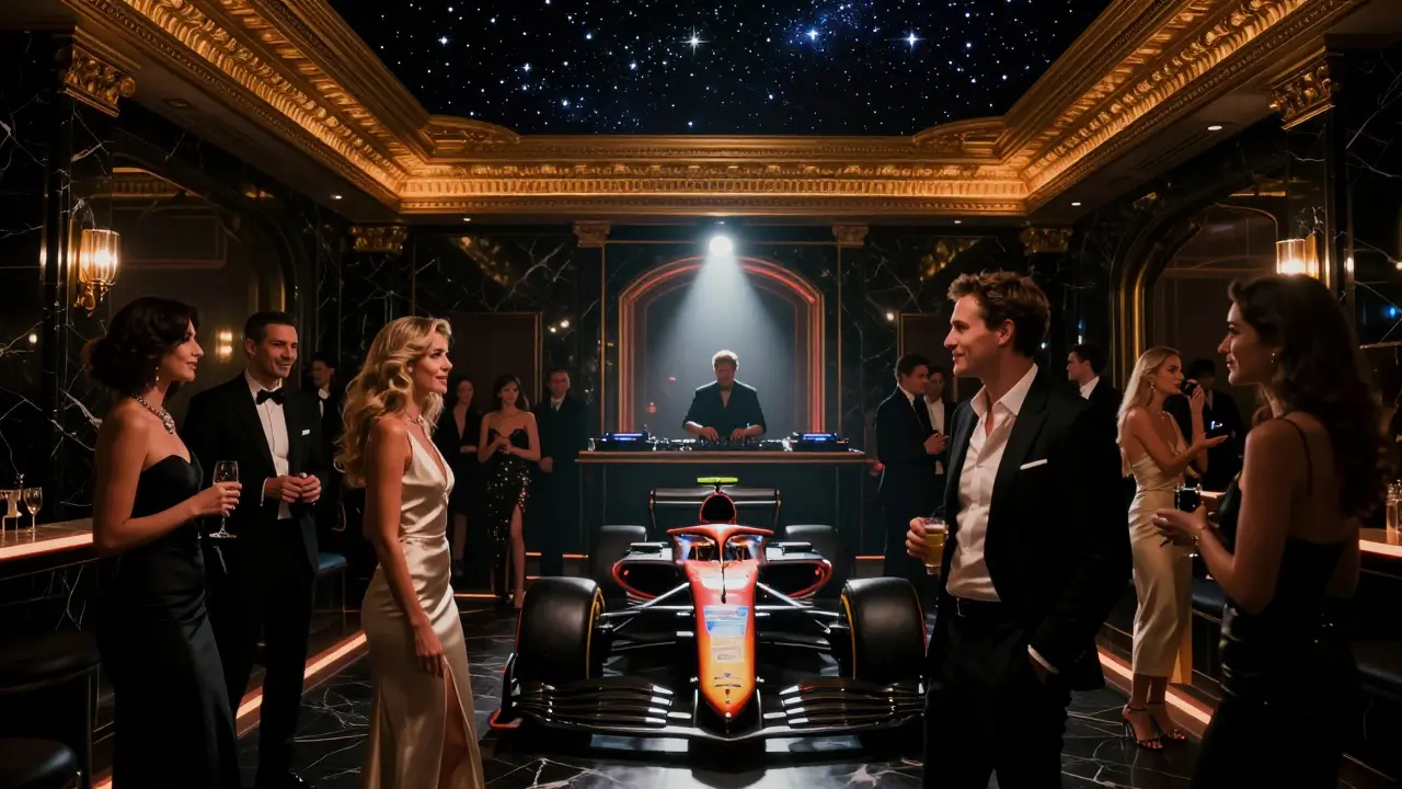 A luxurious nightclub interior with starry ceiling, elite crowd, and DJ under golden spotlight.
