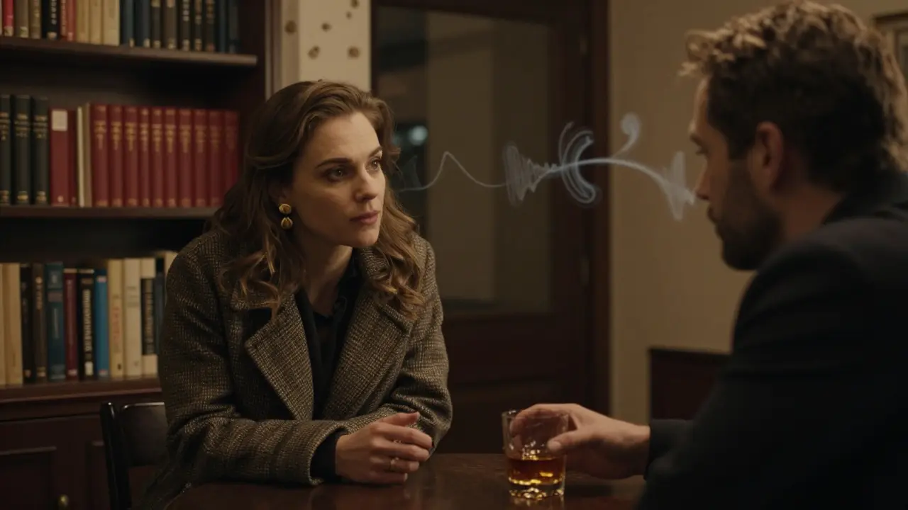 A man and woman in a hidden bar, engaged in quiet conversation under soft amber lighting with a bookshelf in the background.