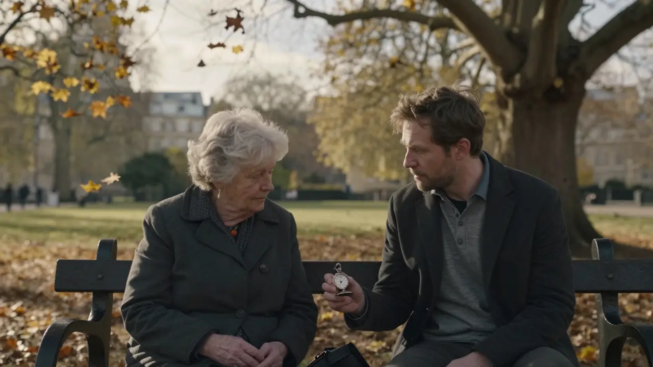 A man and woman share a quiet moment on a park bench in St. James’s Park, a vintage pocket watch between them.