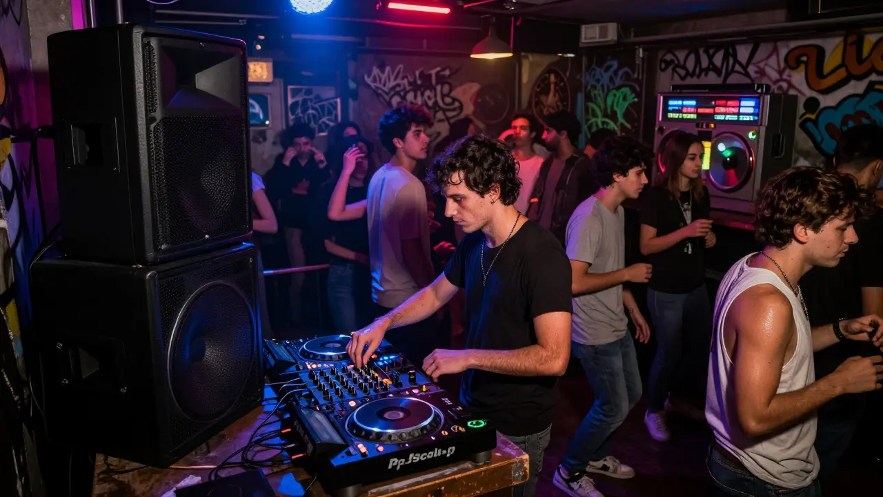 A packed underground techno club in Porta Ticinese with dancers under strobing lights and graffiti-covered walls.