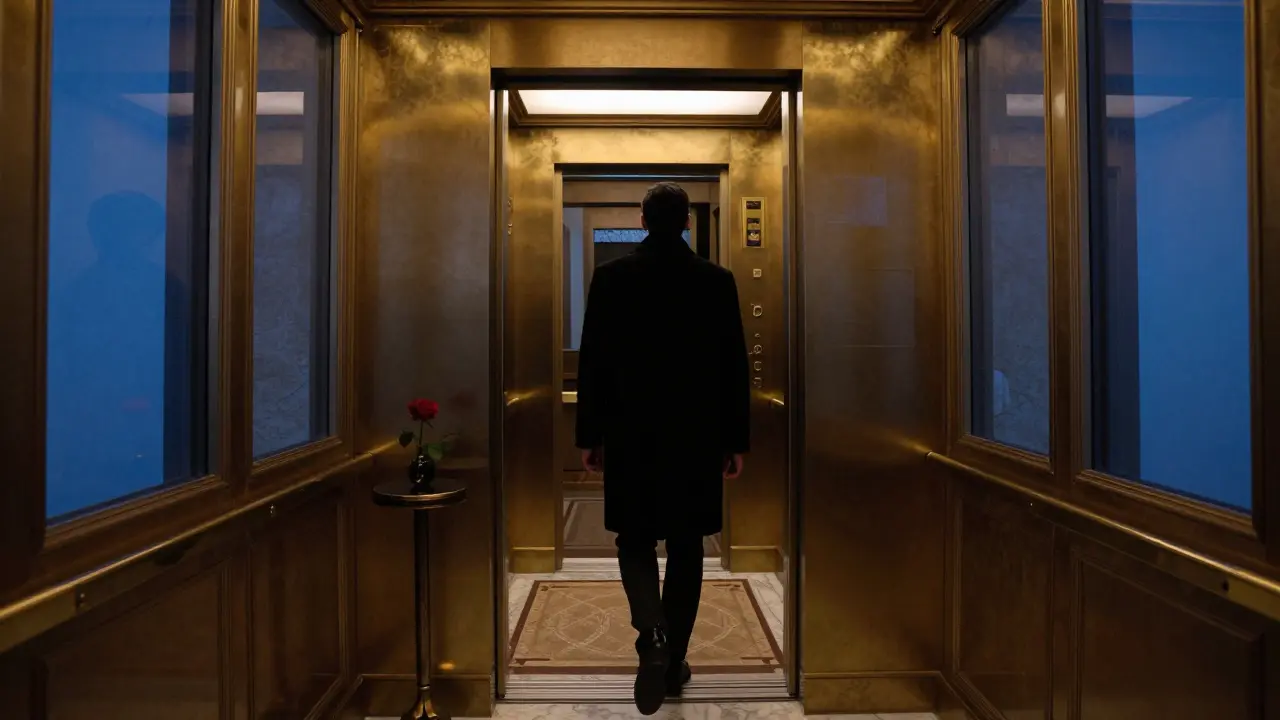A private hotel elevator corridor with polished marble and dim lighting, suggesting exclusive, unseen access.