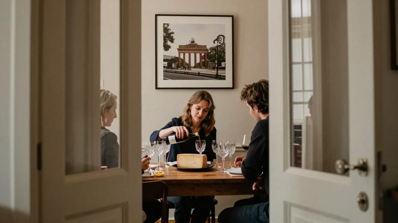 A private wine tasting in a Berlin apartment, with elegant glasses and art on the wall.