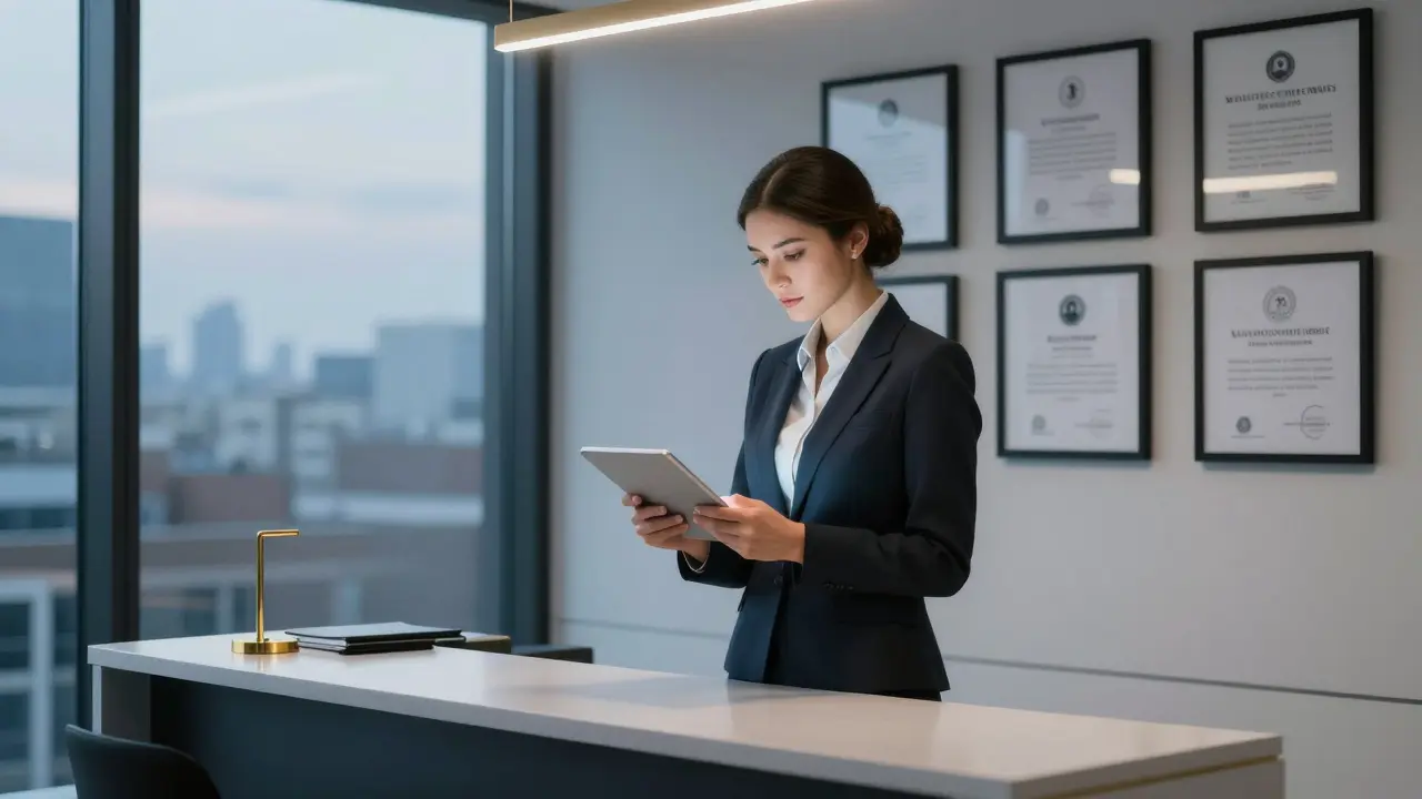 A professional escort in a tailored suit reviewing a client profile in a sleek Mayfair office at dawn.