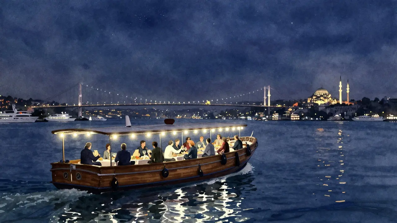 A quiet Bosphorus dinner cruise floating past illuminated mosques and city lights at night.