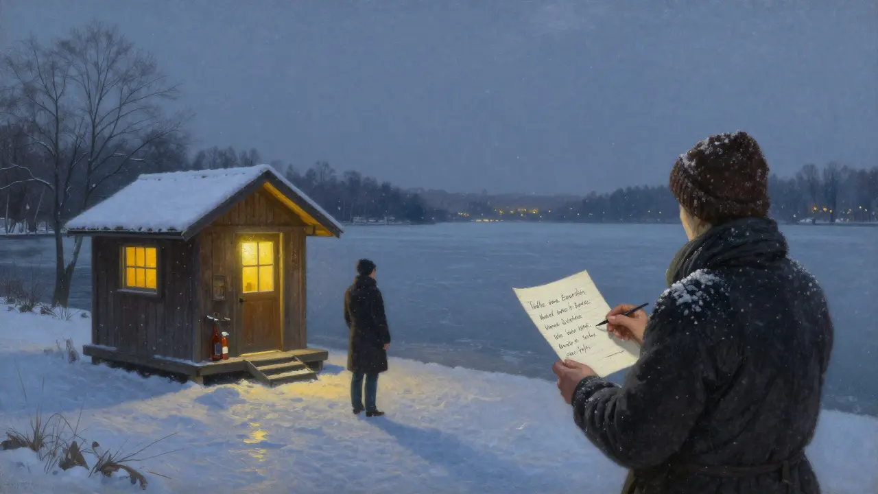 A quiet winter evening at Wannsee lake, with a wooden hut and handwritten note under falling snow.