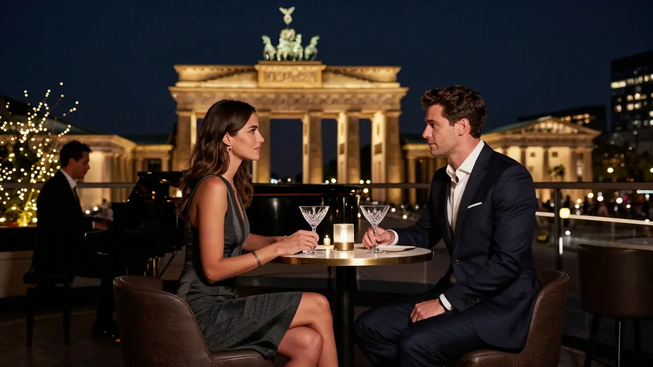 A refined couple on a rooftop bar in Berlin with the Brandenburg Gate in the background.